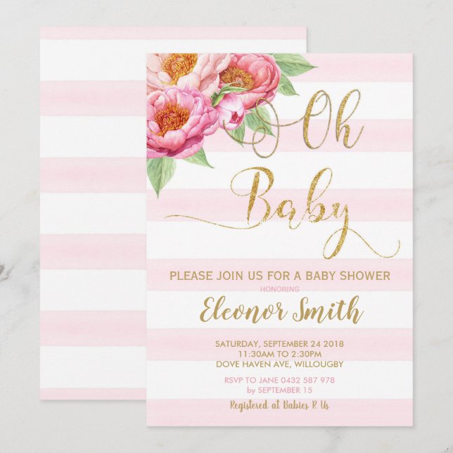 Oh bebé Peony Floral Baby Shower Invitación Chica (Anverso / Reverso)