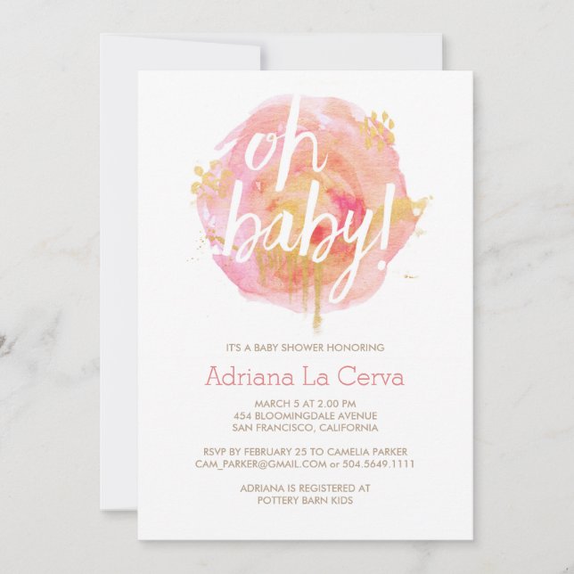 Oh bebé Rubor acuarela Invitación a Baby Shower (Anverso)