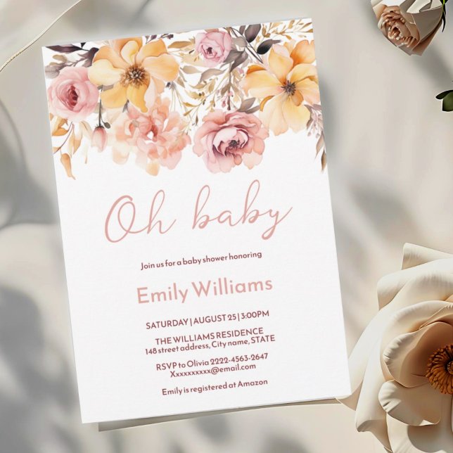 Oh bebé Rubor Pink Floral Invitación a Baby Shower (Blush pink and peach peonies watercolor girl baby shower invitation )