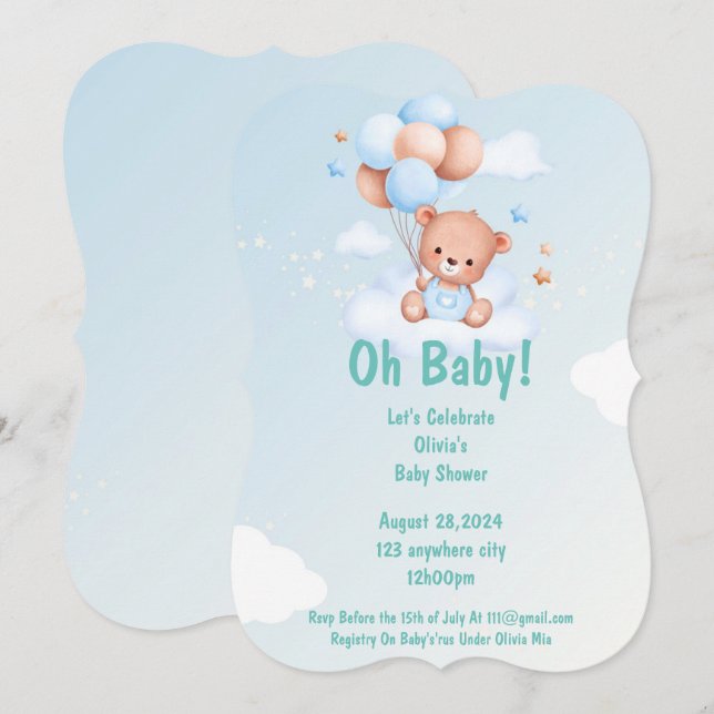 OH BEBÉ TEDDY BEAR INVITACIÓN DE BABY SHOWER PARA  (Anverso / Reverso)
