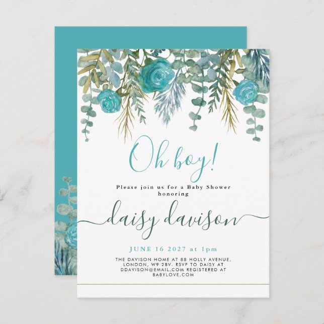 Oh Boy acuarela floral Invitación de Baby Shower (Anverso / Reverso)