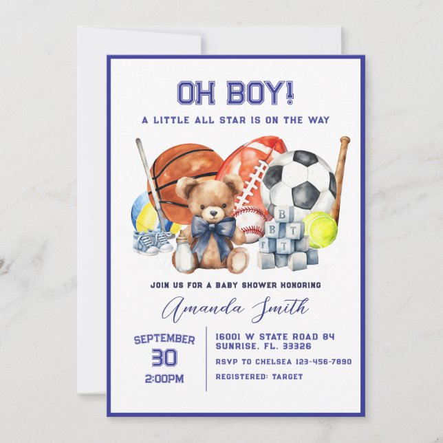 Oh Boy ALL STAR SPORT Invitación de Baby Shower (Anverso)