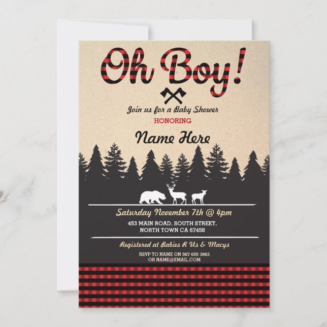 Oh Boy Baby Lumberjack Baby Shower Invitación Roja (Anverso)