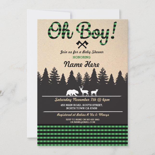 Oh Boy Baby Lumberjack Baby Shower Invitación Verd (Anverso)