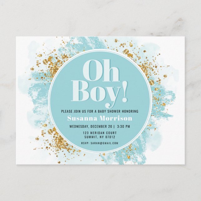Oh Boy Baby Shower Watercolor Purpurina Invitación (Anverso)