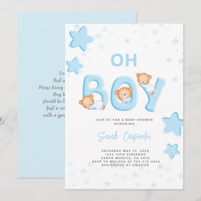 Oh Boy Bear Invitación De Baby Shower Boy (Anverso / Reverso)