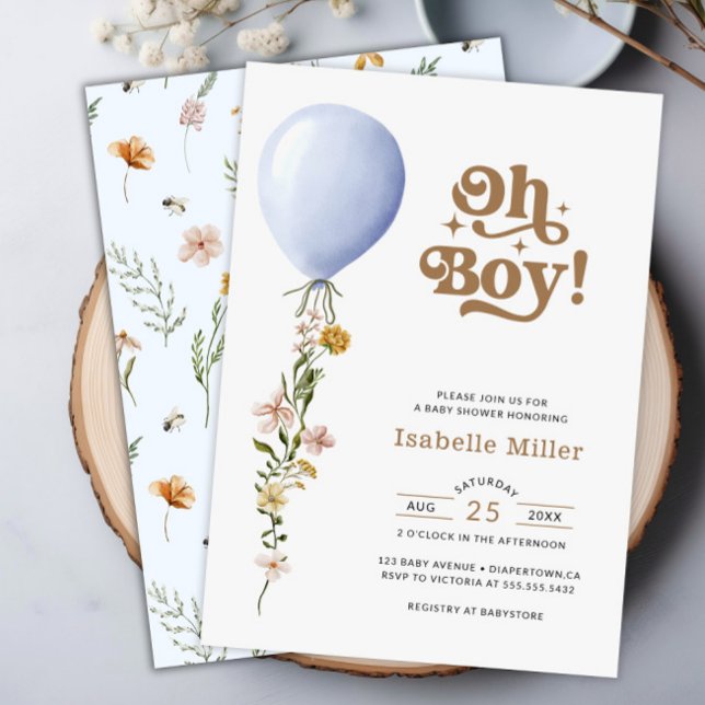Oh Boy Blue Balloon Floral Invitación a Baby Showe (Oh Boy Blue Balloon Floral Baby Shower Invitation)