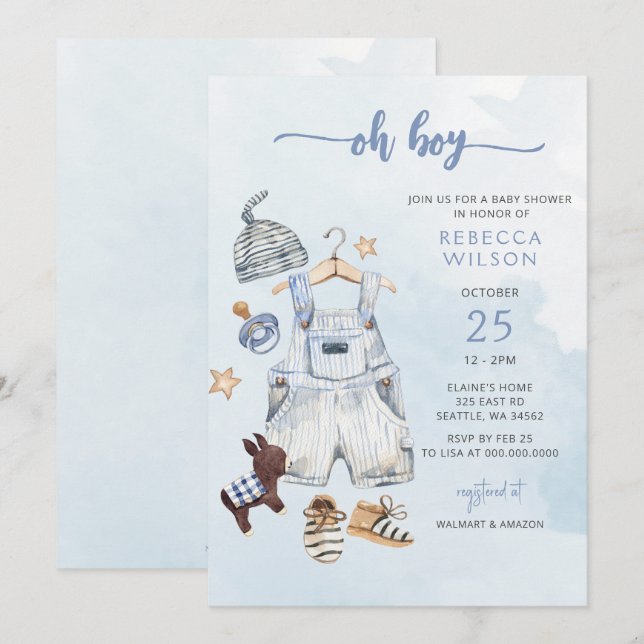 Oh Boy Blue Boho Boy Invitación de Baby Shower (Anverso / Reverso)