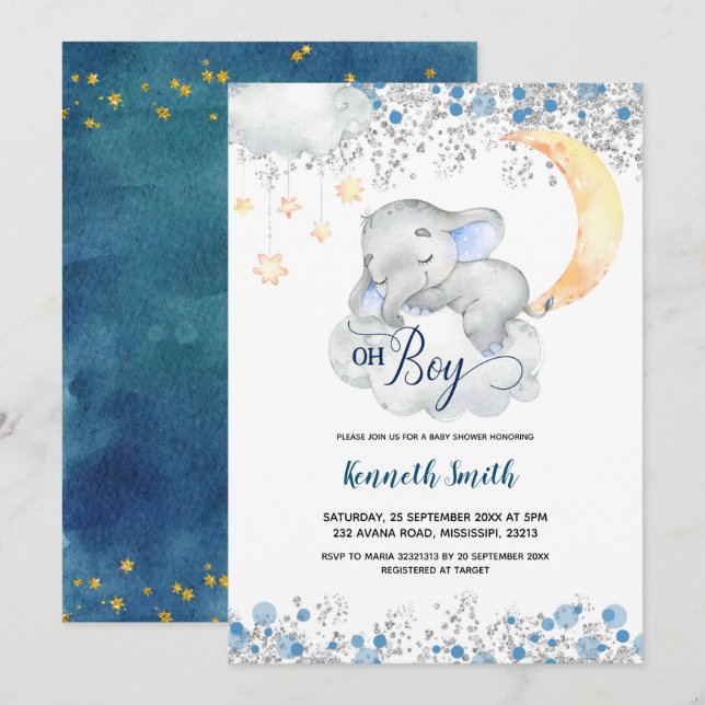 Oh Boy Blue Elephant Invitación a Baby Shower (Anverso / Reverso)