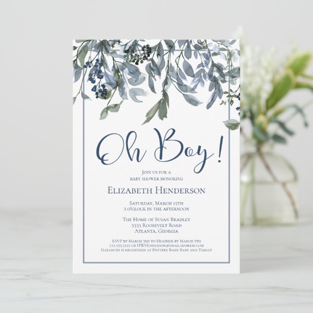 Oh Boy Blue Floral Greeneration Invitación de Baby (Anverso de pie)