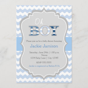 Oh Boy Blue Gray Chevron Invitación a Baby Shower