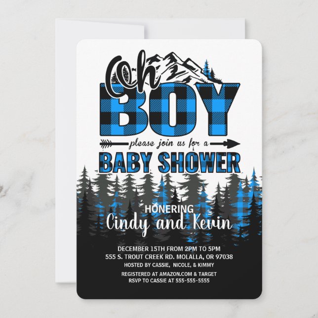Oh Boy Blue Plaid Lumberjack Shower Invitación (Anverso)