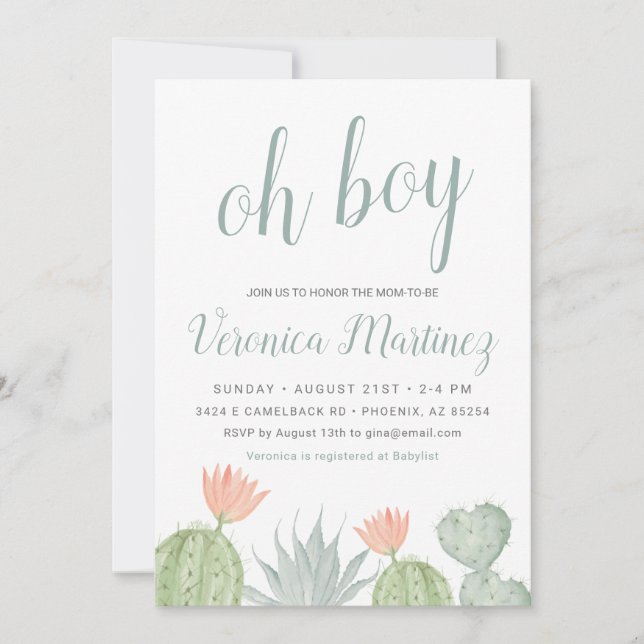 Oh Boy Cactus Invitación Baby Shower, Bebé del Des (Anverso)
