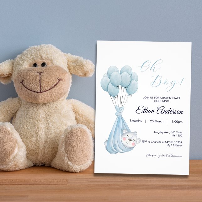 Oh Boy Cute Bear Balloon Invitación de Baby Shower (Oh Boy Cute Bear Balloon Baby Shower Invite)
