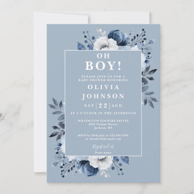 Oh Boy Dusty Blue Elegante Invitación Floral para  (Anverso)