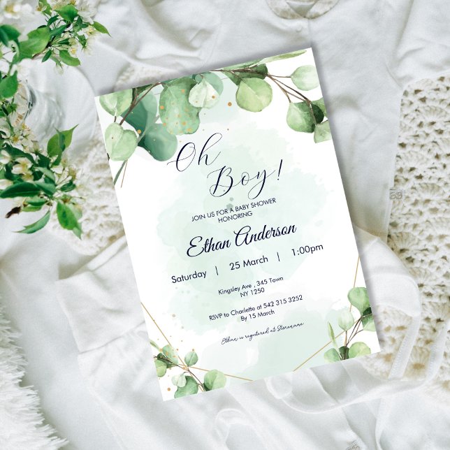 Oh Boy Eucalyptus deja la invitación de Baby Showe (Oh Baby Eucalyptus Leaves Baby Shower Invite)