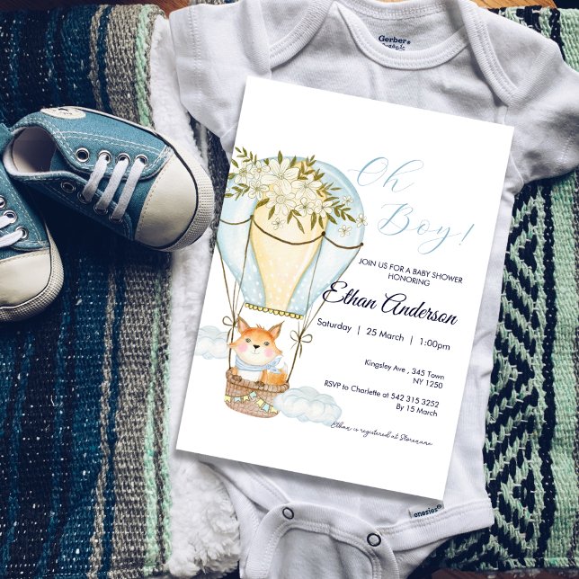 Oh Boy Fox Hot Air Balloon Invitación de Baby Show (Oh Boy Fox Hot Balloon Baby Shower Invite)