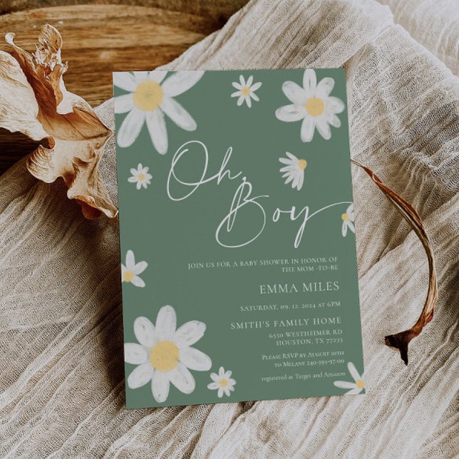 Oh Boy Invitación a Baby Shower Daisy Sage Green (Subido por el creador)