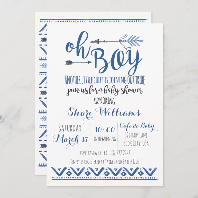 Oh Boy Invitación a Baby Shower tribal (Anverso / Reverso)