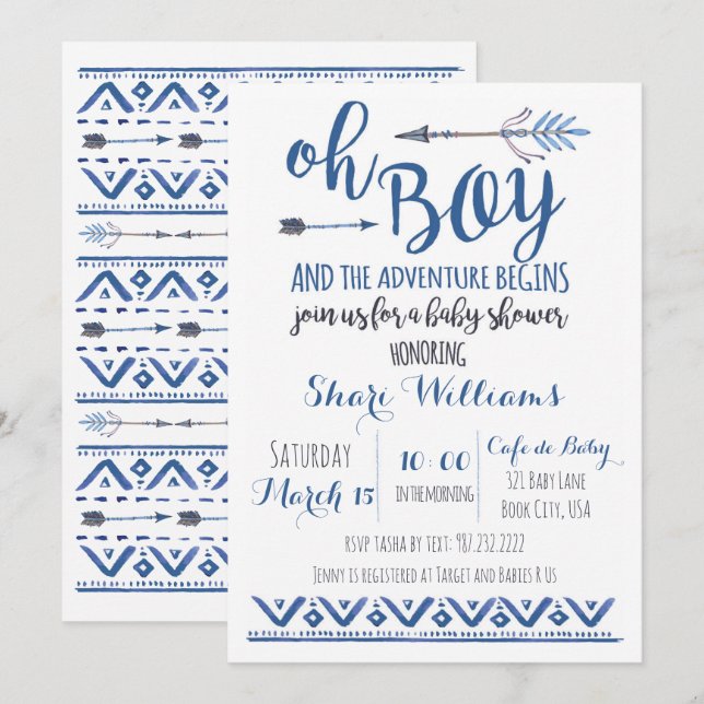 Oh Boy Invitación a Baby Shower tribal - PERSONALI (Anverso / Reverso)