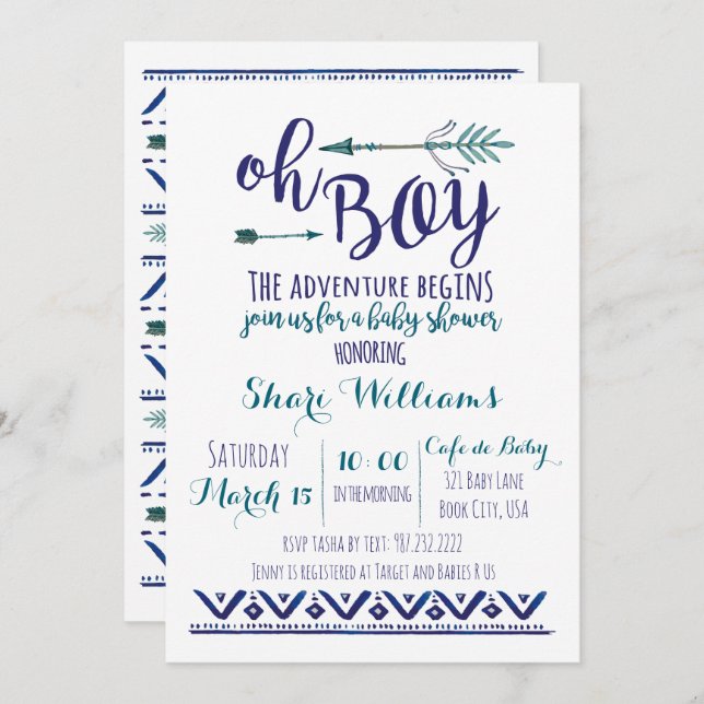 Oh Boy Invitación a Baby Shower tribal - PERSONALI (Anverso / Reverso)