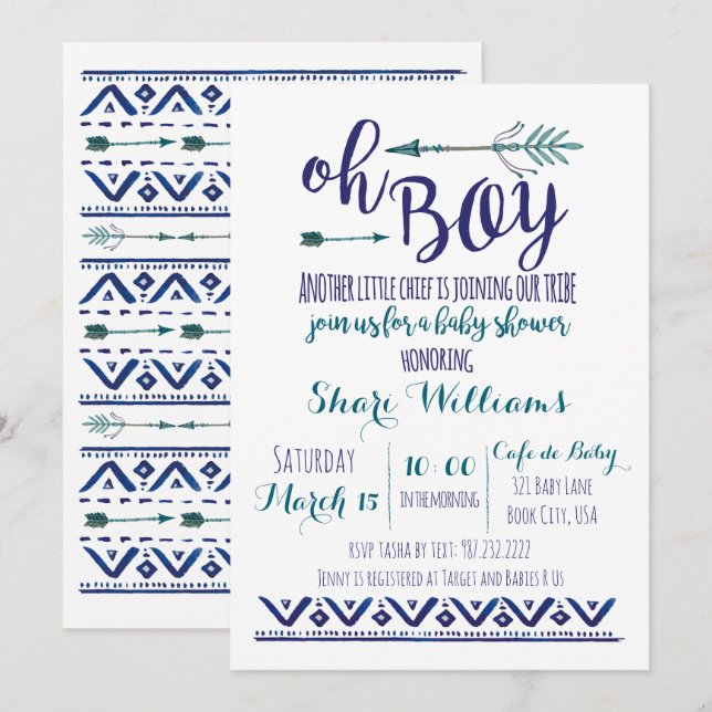 Oh Boy Invitación a Baby Shower tribal - PERSONALI (Anverso / Reverso)