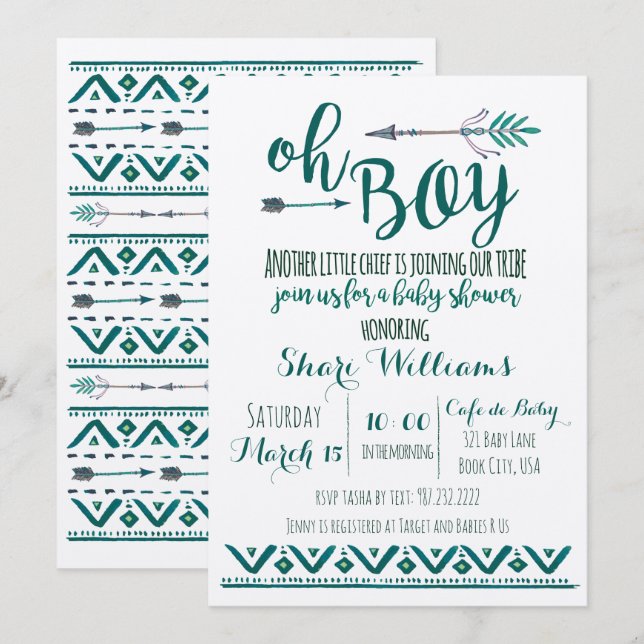 Oh Boy Invitación a Baby Shower tribal - Verde (Anverso / Reverso)