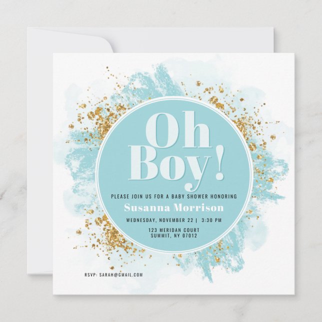 Oh Boy Invitación azul de Baby Shower (Anverso)