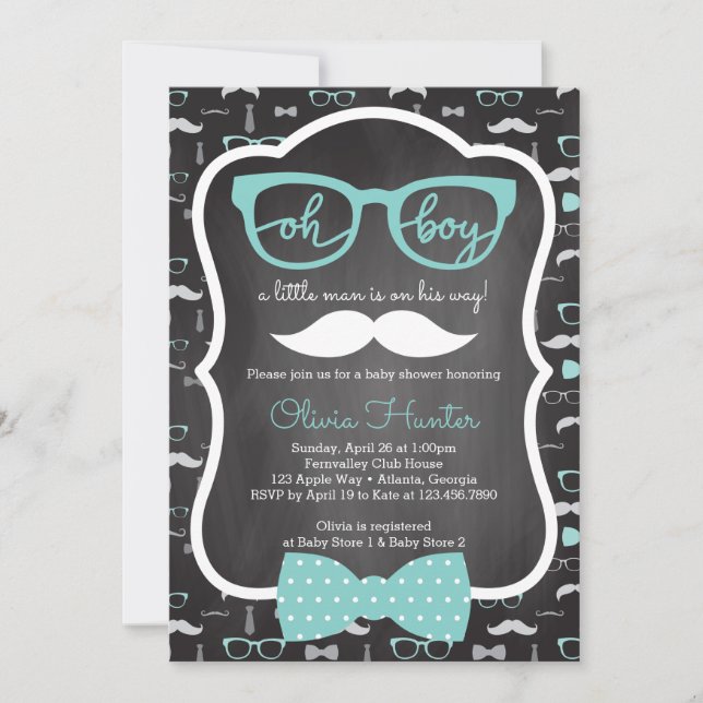 Oh Boy Invitación Baby Shower, Azul, Gris (Anverso)