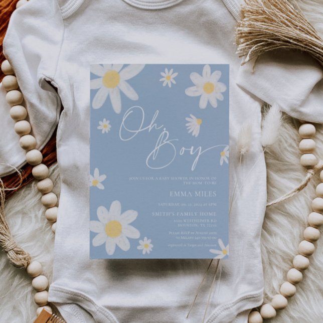 Oh Boy Invitación Baby Shower Dusty Blue Daisy (Subido por el creador)