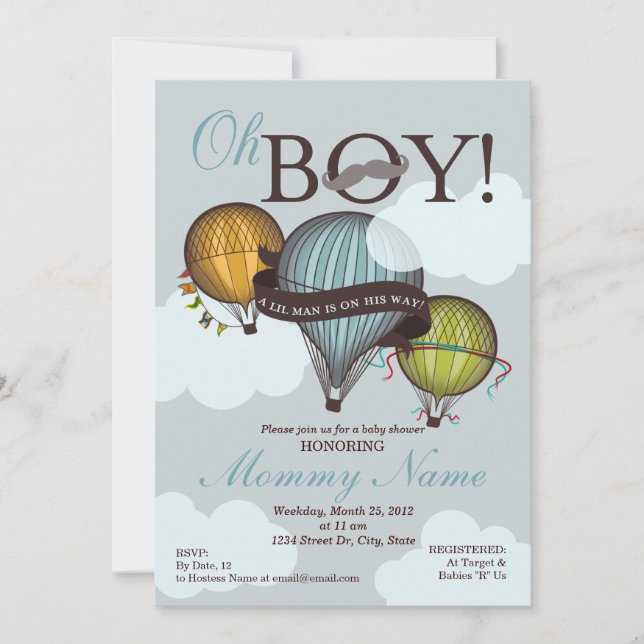 Oh Boy Lil Man Hot Air Balloon Shower Invitación (Anverso)
