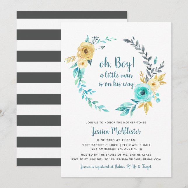 Oh Boy Little Man Baby Shower Invitación gris oscu (Anverso / Reverso)