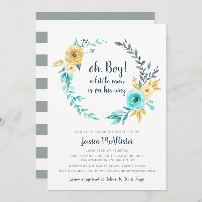 Oh Boy Little Man Baby Shower Invitación Verde azu (Anverso / Reverso)