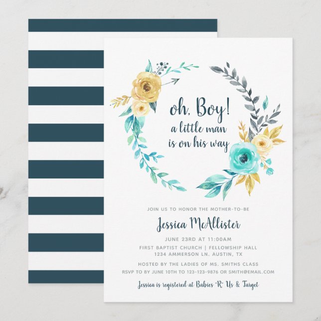 oh Boy Little Man Invitación Verde azulada de Baby (Anverso / Reverso)