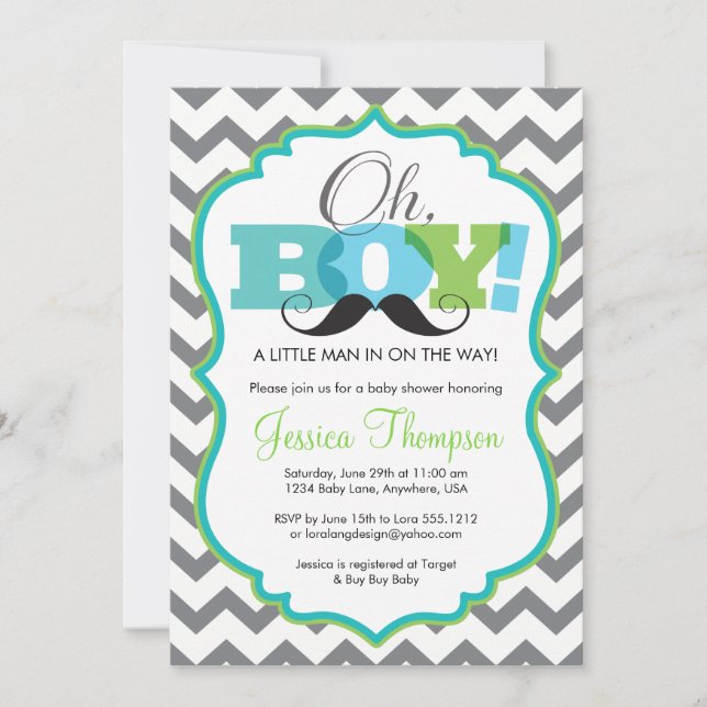 Oh Boy Mustache Invitación Baby Shower (Anverso)