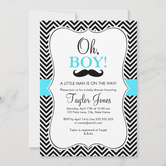 Oh Boy Mustache Invitación Baby Shower / Azul (Anverso)