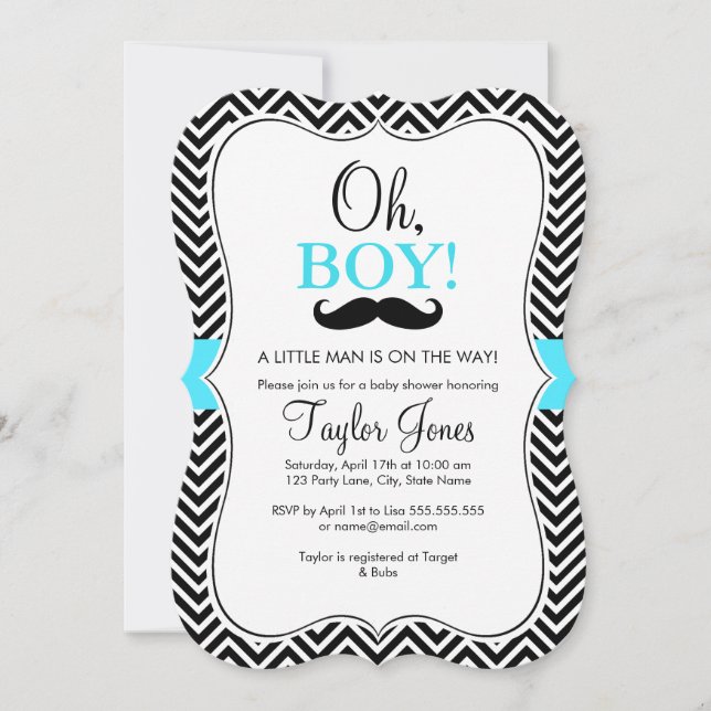 Oh Boy Mustache Invitación Baby Shower / Azul (Anverso)