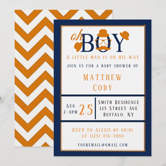 Oh Boy Naranja y Blue Baby Shower Invitación (Anverso / Reverso)