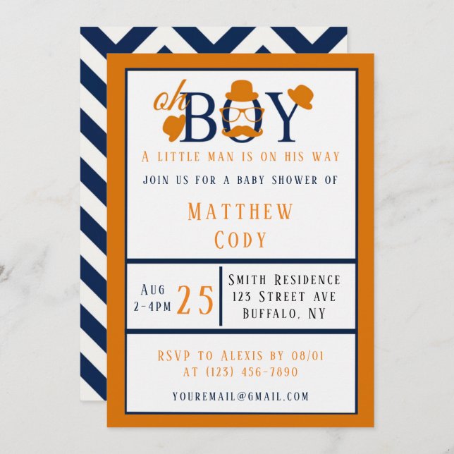 Oh Boy Naranja y Blue Baby Shower Invitación (Anverso / Reverso)