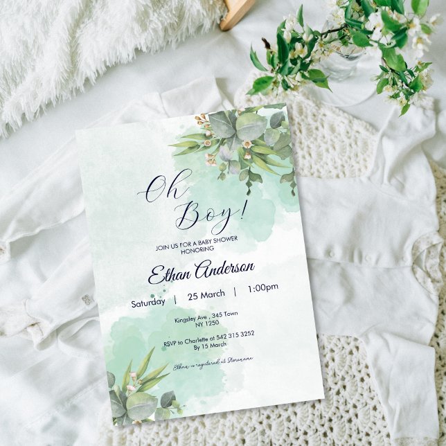Oh Boy Nature Green deja la invitación de Baby Sho (Oh Boy Nature Green Leaves Baby Shower Invite
)