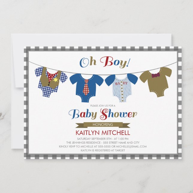 Oh Boy Onsies - Invitación de Baby Shower (Anverso)