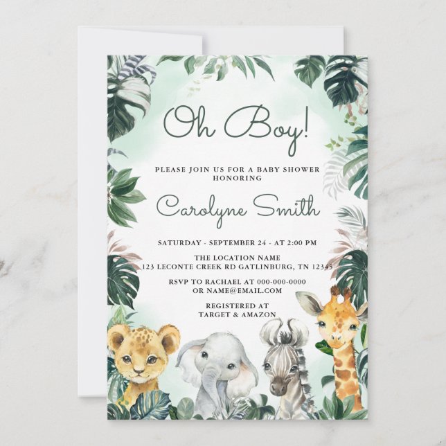 Oh Boy Safari Animals Invitación de Baby Shower (Anverso)
