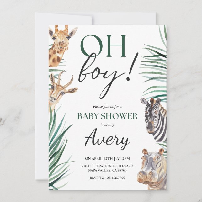 Oh Boy Safari Animals Invitación de Baby Shower (Anverso)