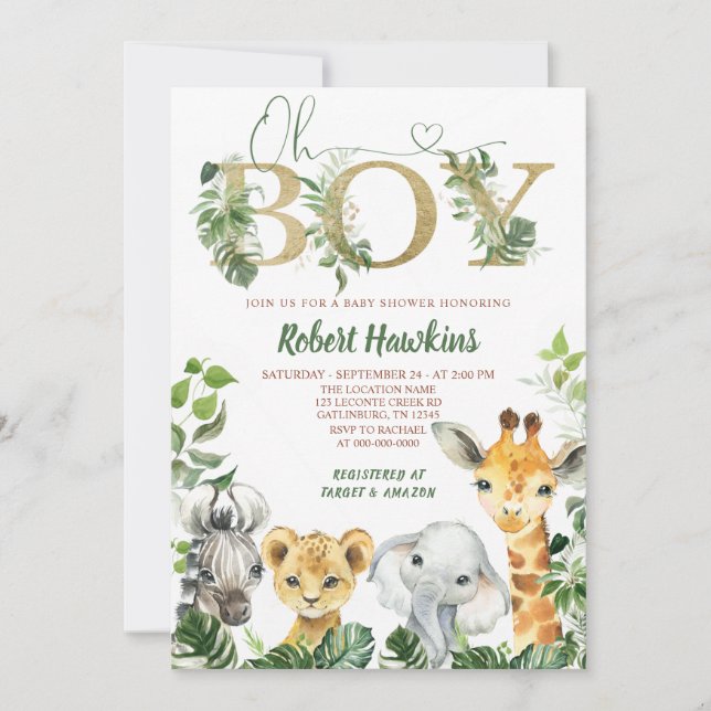 Oh Boy Safari Invitación a Baby Shower (Anverso)