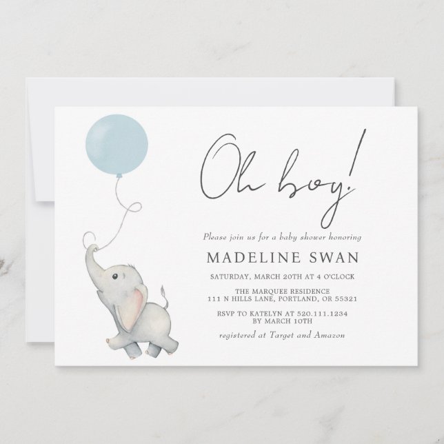 Oh Boy Sweet Elephant Invitación de Baby Shower (Anverso)