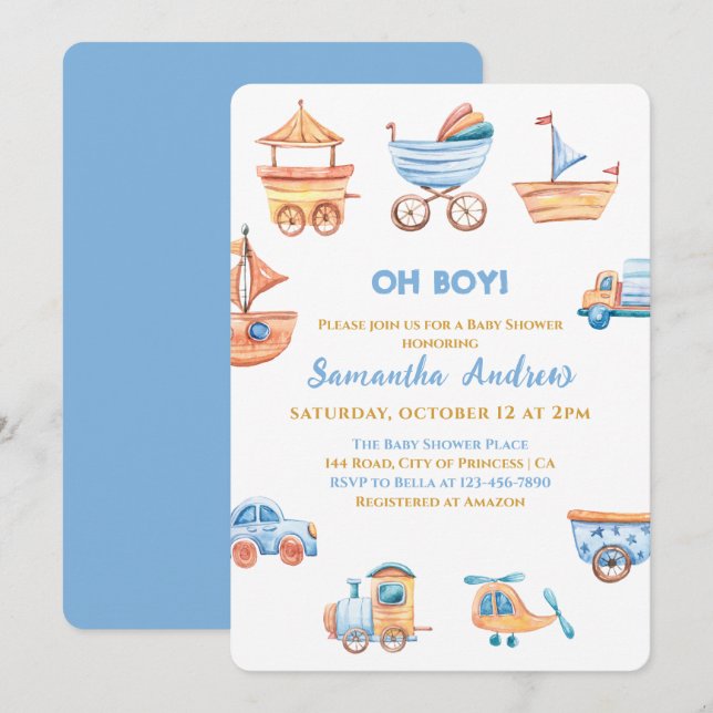Oh Boy Toys Cute Invitación Baby Shower (Anverso / Reverso)