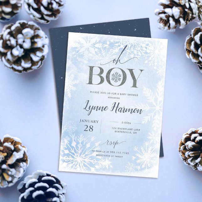 Oh Boy Winter Boy Invitación Baby Shower Azul (Oh boy winter baby shower  invitation shown with navy back file on a blue table with pine cones
)