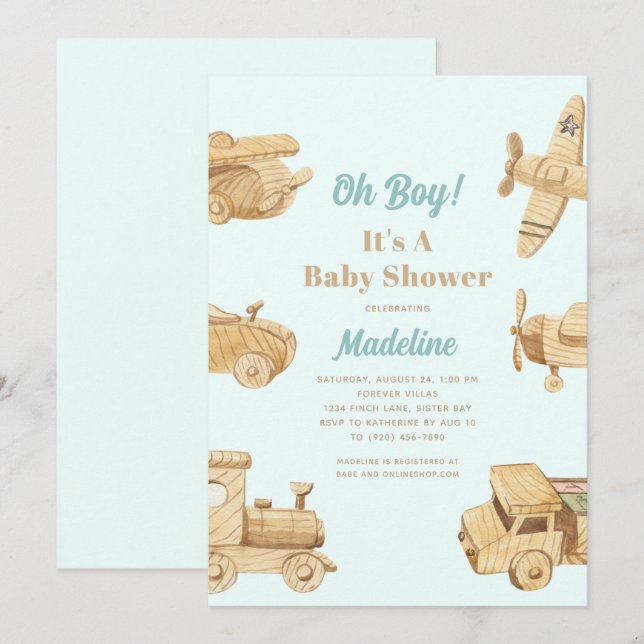 Oh Boy Wooden Toys Invitación de Baby Shower (Anverso / Reverso)