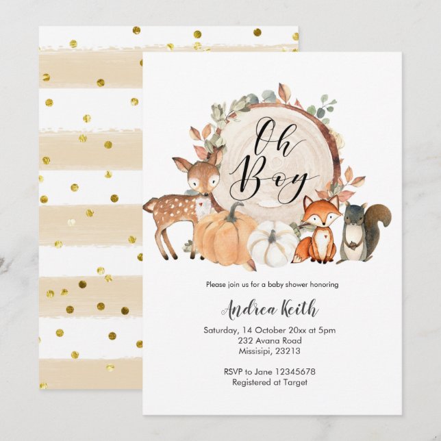 Oh Boy Woodland pumpkin bebé invitación a ducha (Anverso / Reverso)