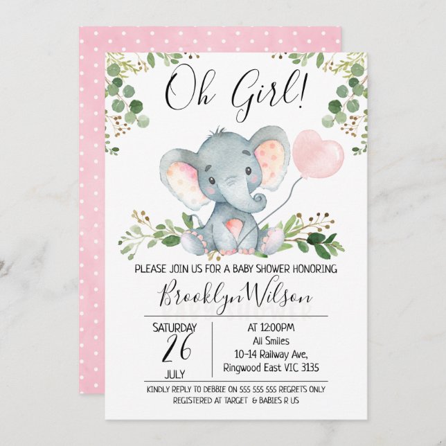 Oh Chica Elephant Balloon Invitación a Baby Shower (Anverso / Reverso)